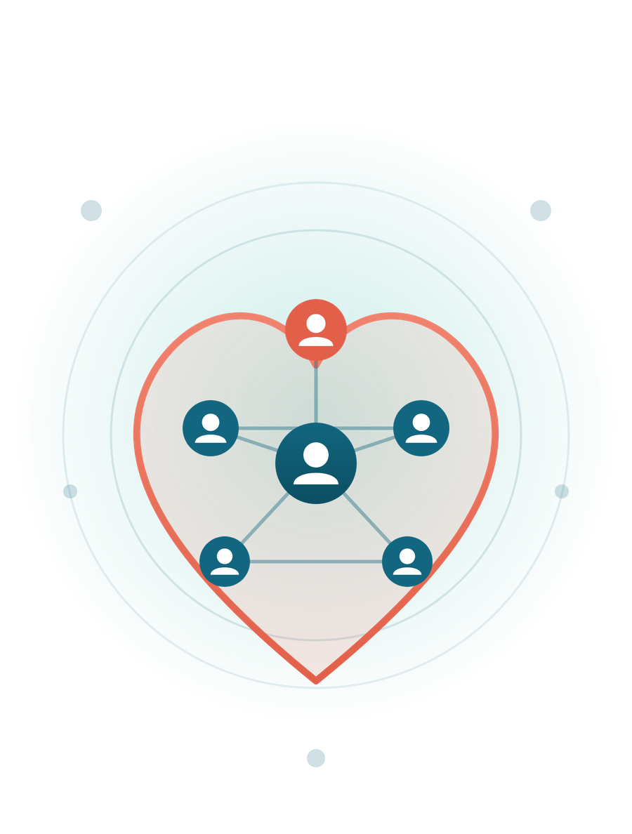 Network of people inside a heart representing community support
